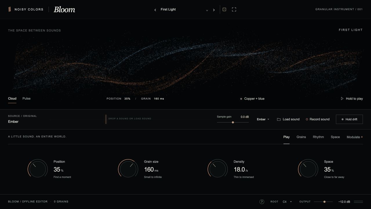 Bloom interface with its copper and blue particle field, source controls, and position, grain size, density, and space knobs